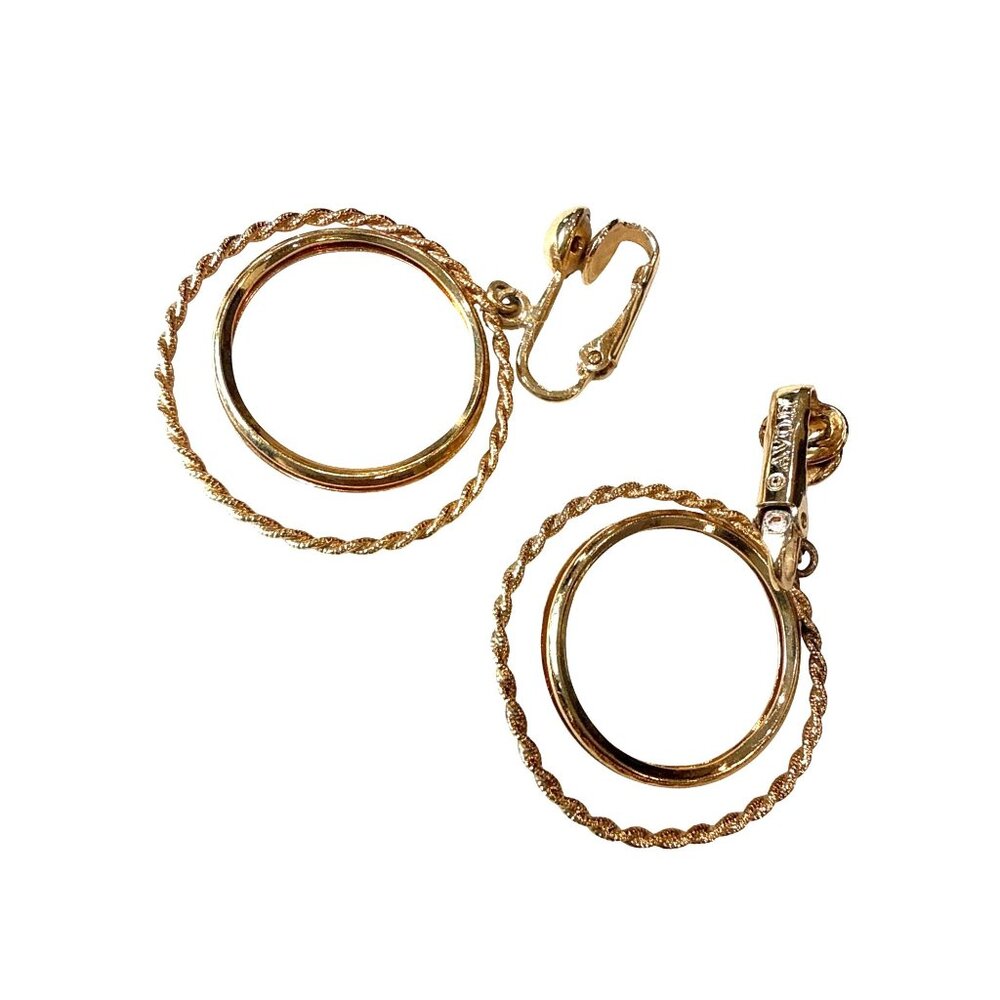 Vintage Avon Double Hoop Clip-On Earrings Gold-Tone Textured & Smooth Design Ele